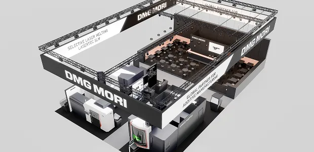 Moderner Messestand von All About Livecom mit DMG MORI auf der Formnext Messe in Frankfurt.